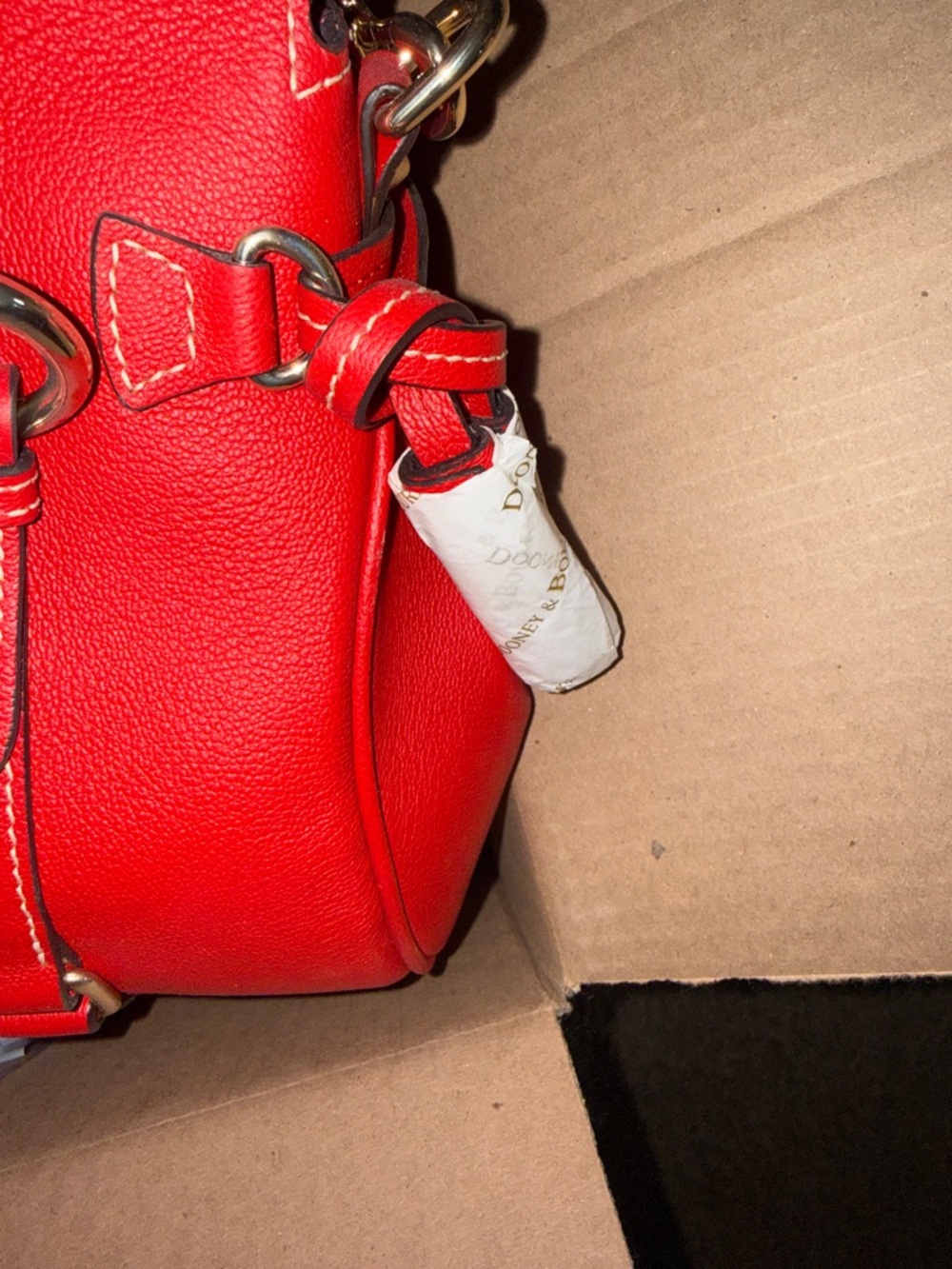 Dooney & Bourke Red Leather Satchel Handbag w/ Gold Accents - Picture 7 of 7
